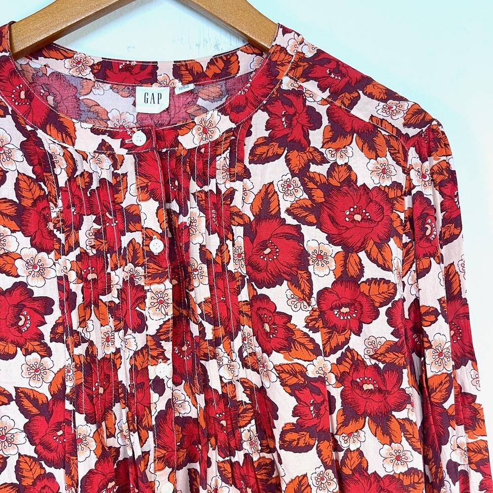 Gap Womens Floral 3/4 Sleeve Pintuck Blouse Top Size XXL Red Buttons Lightweight - Picture 5 of 12